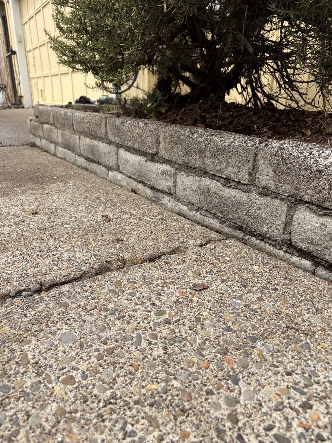 Exposed aggregate concrete beside a garden wall after pressure washing, with the stone finish visible again